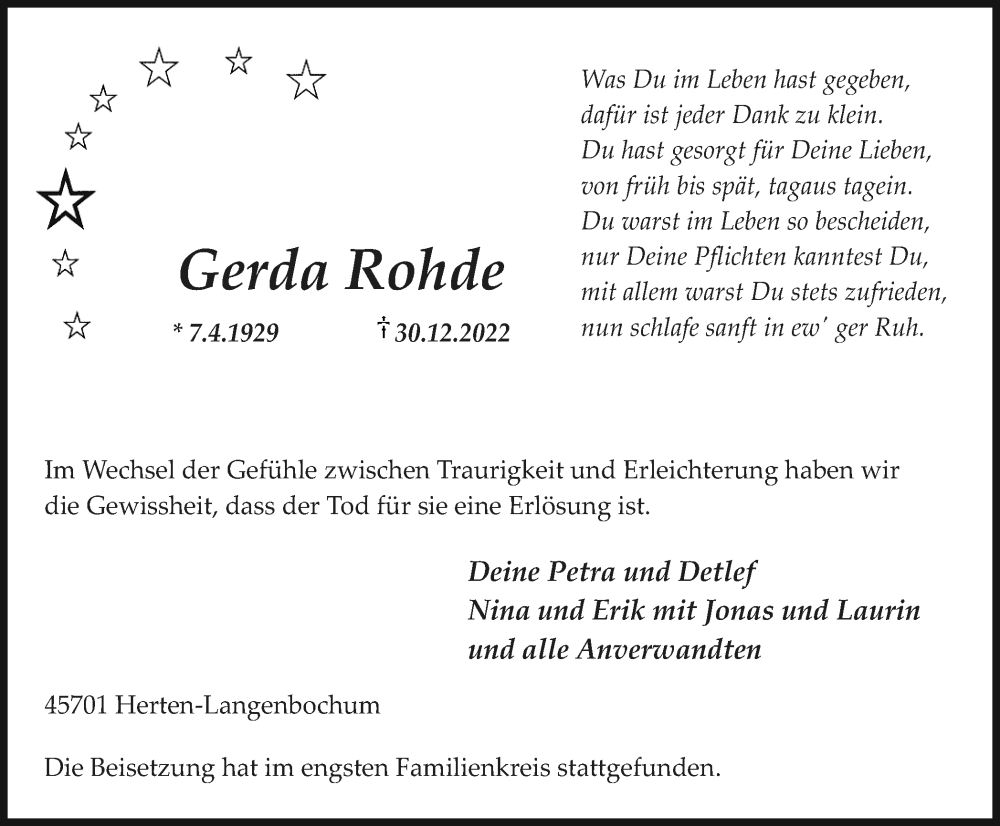  Traueranzeige für Gerda Rohde vom 25.01.2023 aus Medienhaus Bauer