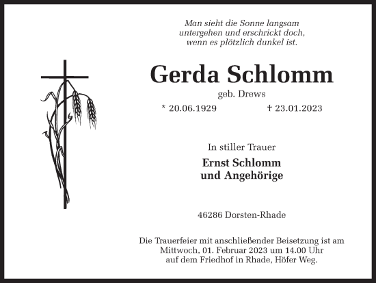 Traueranzeige von Gerda Schlomm von Ruhr Nachrichten und Dorstener Zeitung