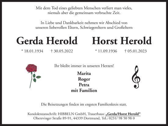 Traueranzeige von Gerda und Horst Herold 