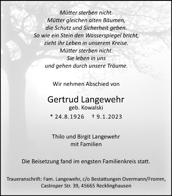 Traueranzeige von Gertrud Langewehr von Medienhaus Bauer