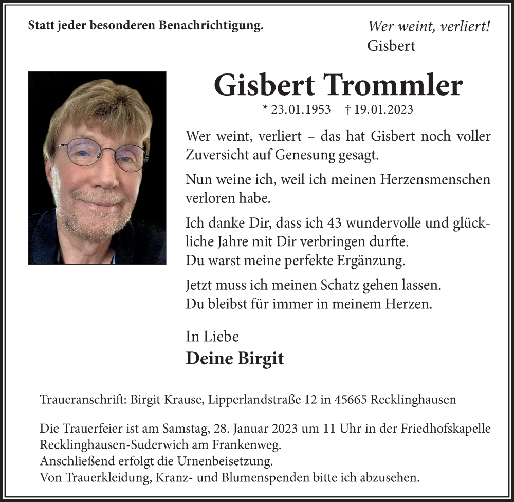  Traueranzeige für Gisbert Trommler vom 21.01.2023 aus Medienhaus Bauer