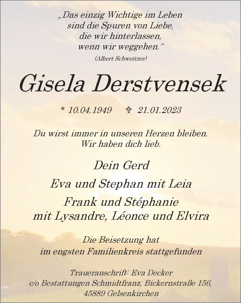  Traueranzeige für Gisela Derstvensek vom 28.01.2023 aus Medienhaus Bauer