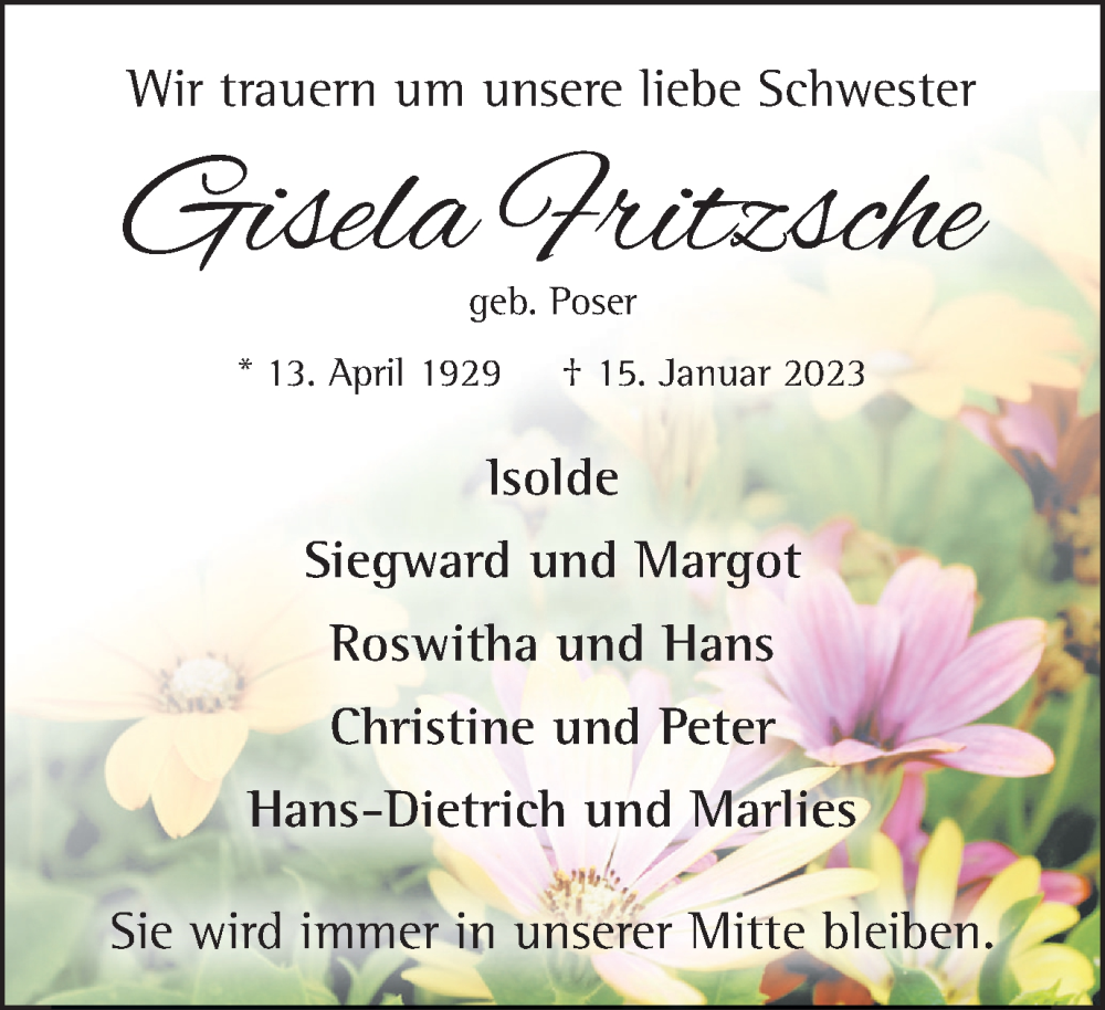  Traueranzeige für Gisela Fritzsche vom 25.01.2023 aus Münstersche Zeitung und Münsterland Zeitung