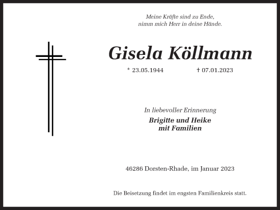 Traueranzeige von Gisela Köllmann von Ruhr Nachrichten und Dorstener Zeitung