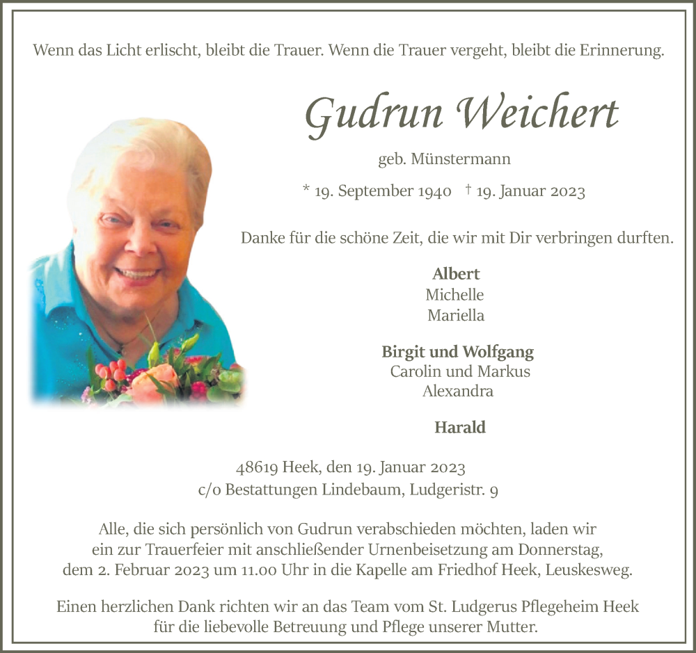  Traueranzeige für Gudrun Weichert vom 28.01.2023 aus Münstersche Zeitung und Münsterland Zeitung