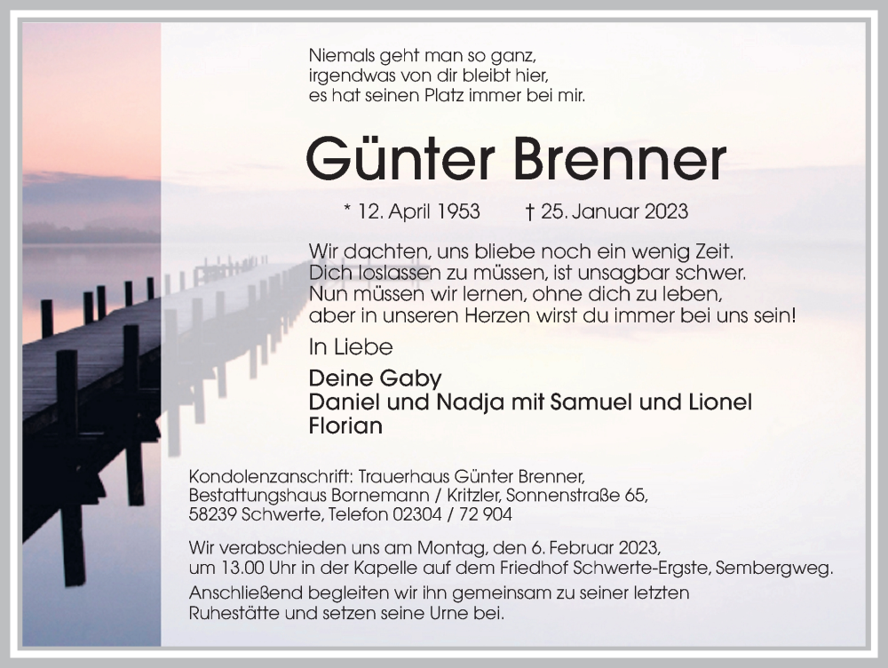  Traueranzeige für Günter Brenner vom 28.01.2023 aus Ruhr Nachrichten