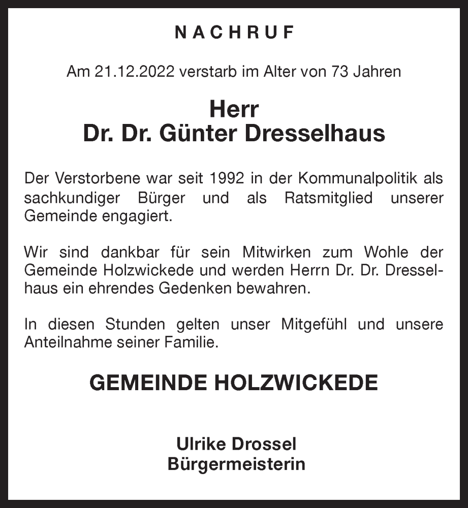 Holzwickeder SPD-Familie trauert: Dr. Dr. Günter Dresselhaus