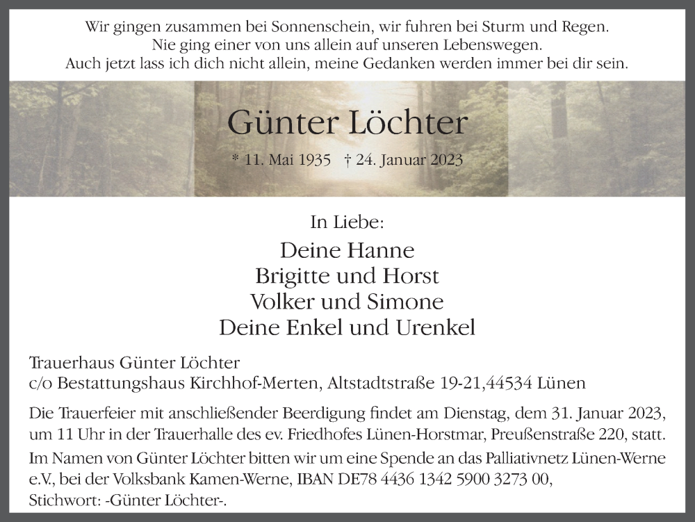  Traueranzeige für Günter Löchter vom 28.01.2023 aus Ruhr Nachrichten
