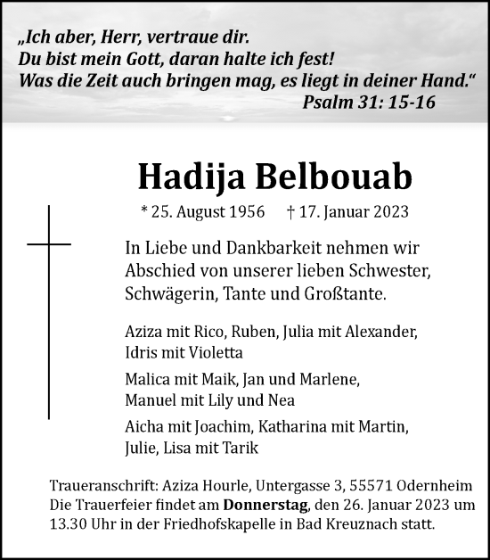 Traueranzeige von Hadija Belbouab 