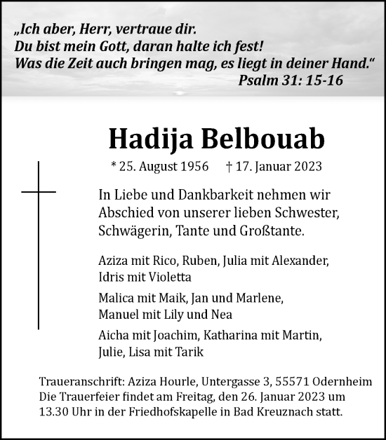 Traueranzeige von Hadija Belbouab 