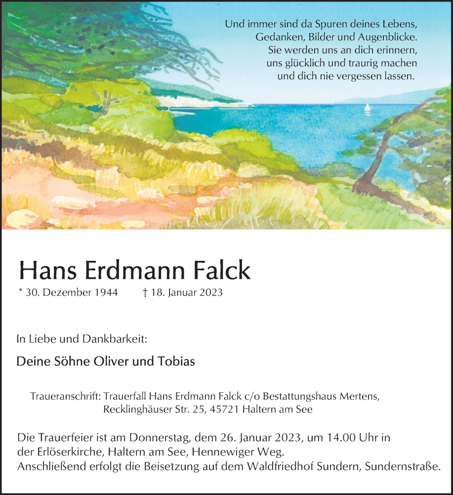 Traueranzeige für Hans Erdmann Falck vom 21.01.2023 aus Ruhr Nachrichten und Halterner Zeitung