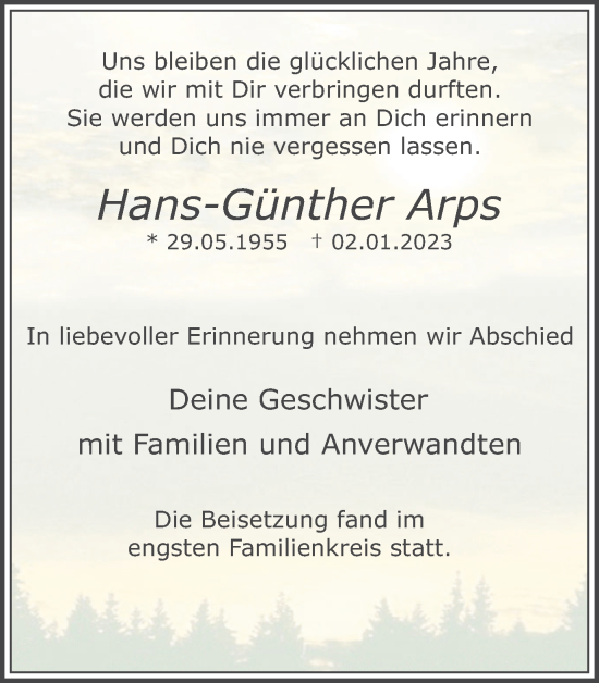Traueranzeige von Hans-Günther Arps von Medienhaus Bauer