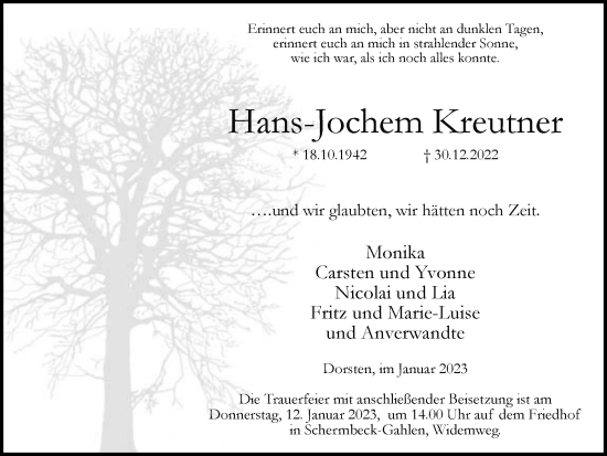 Traueranzeige von Hans-Jochem Kreutner von Ruhr Nachrichten und Dorstener Zeitung
