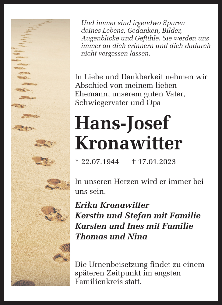  Traueranzeige für Hans-Josef Kronawitter vom 21.01.2023 aus Ruhr Nachrichten und Dorstener Zeitung