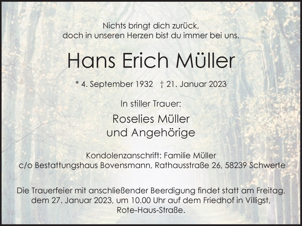  Traueranzeige für Hans Erich Müller vom 25.01.2023 aus Ruhr Nachrichten