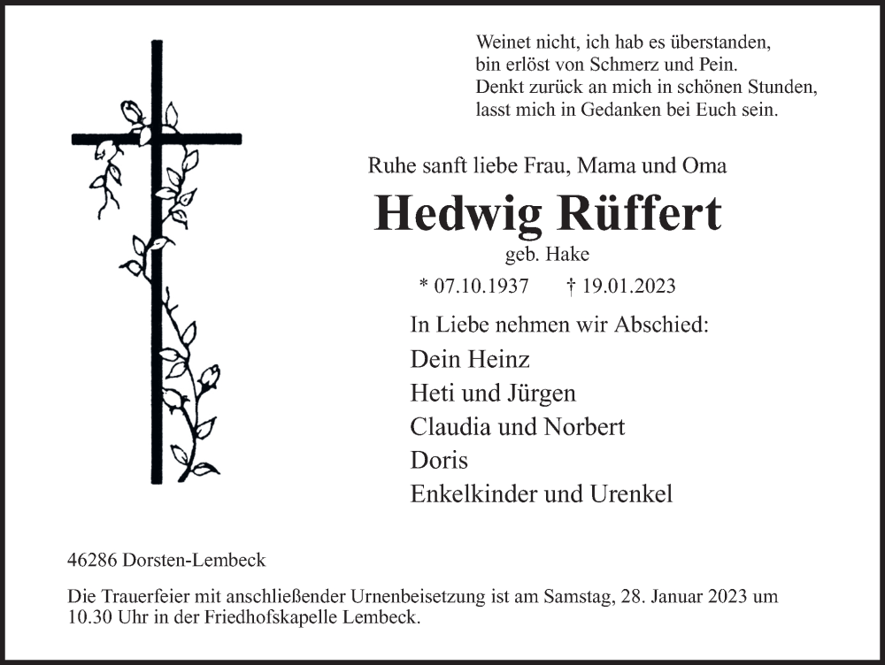  Traueranzeige für Hedwig Rüffert vom 25.01.2023 aus Ruhr Nachrichten und Dorstener Zeitung