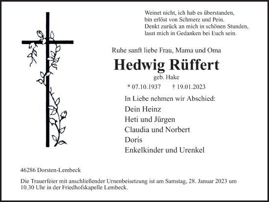 Traueranzeige von Hedwig Rüffert von Ruhr Nachrichten und Dorstener Zeitung