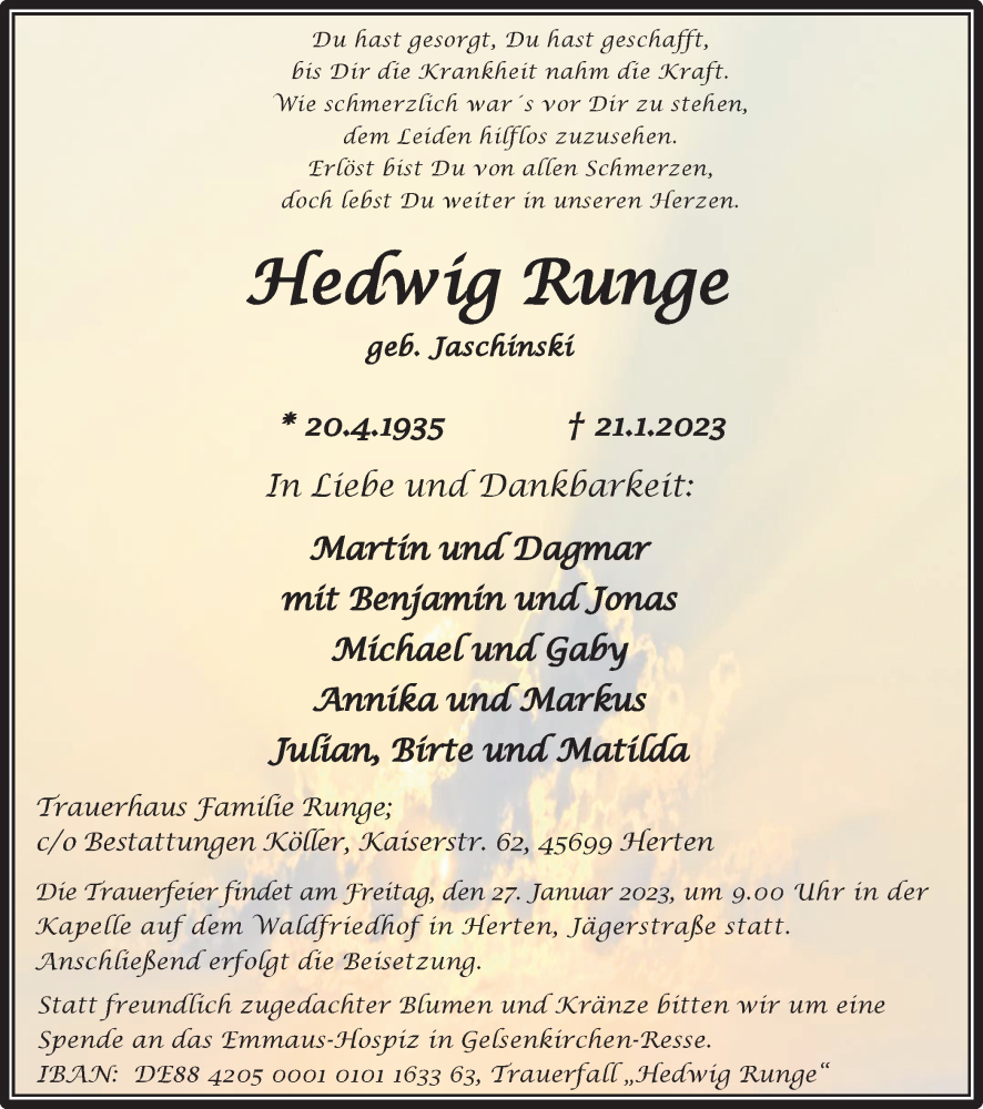  Traueranzeige für Hedwig Runge vom 25.01.2023 aus Medienhaus Bauer