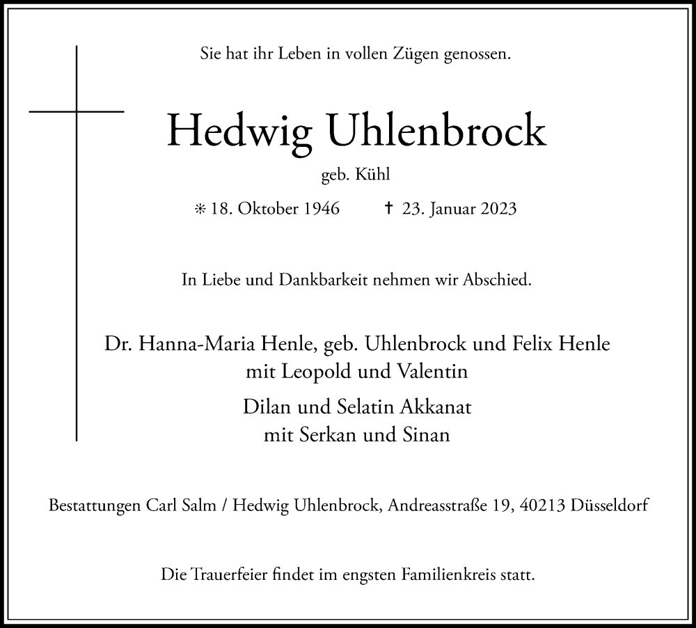  Traueranzeige für Hedwig Uhlenbrock vom 28.01.2023 aus Medienhaus Bauer
