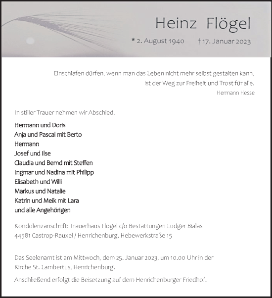 Traueranzeige von Heinz Flögel von Ruhr Nachrichten