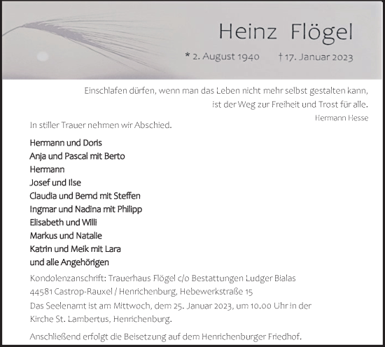 Traueranzeige von Heinz Flögel von Medienhaus Bauer