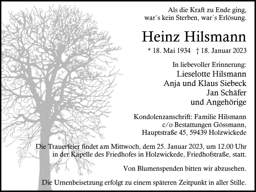  Traueranzeige für Heinz Hilsmann vom 21.01.2023 aus Hellweger Anzeiger