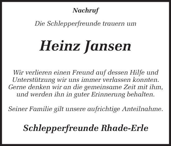 Traueranzeige von Heinz Jansen von Ruhr Nachrichten und Dorstener Zeitung