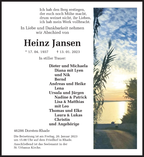 Traueranzeige von Heinz Jansen von Ruhr Nachrichten und Dorstener Zeitung
