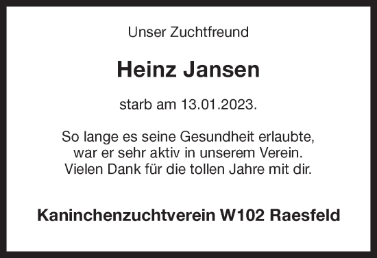 Traueranzeige von Heinz Jansen von Ruhr Nachrichten und Dorstener Zeitung