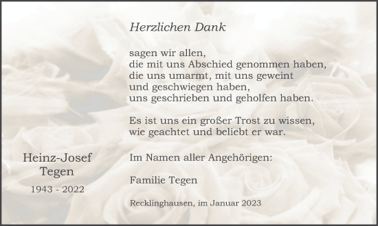 Traueranzeige von Heinz-Josef Tegen von Medienhaus Bauer