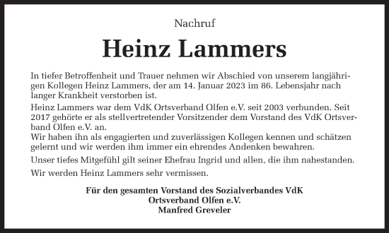 Traueranzeigen von Heinz Lammers sicherinnern.de