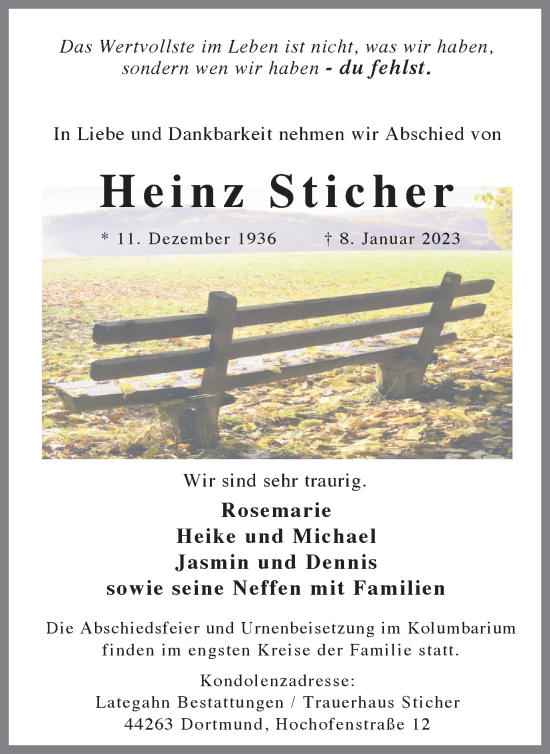 Traueranzeige von Heinz Sticher 