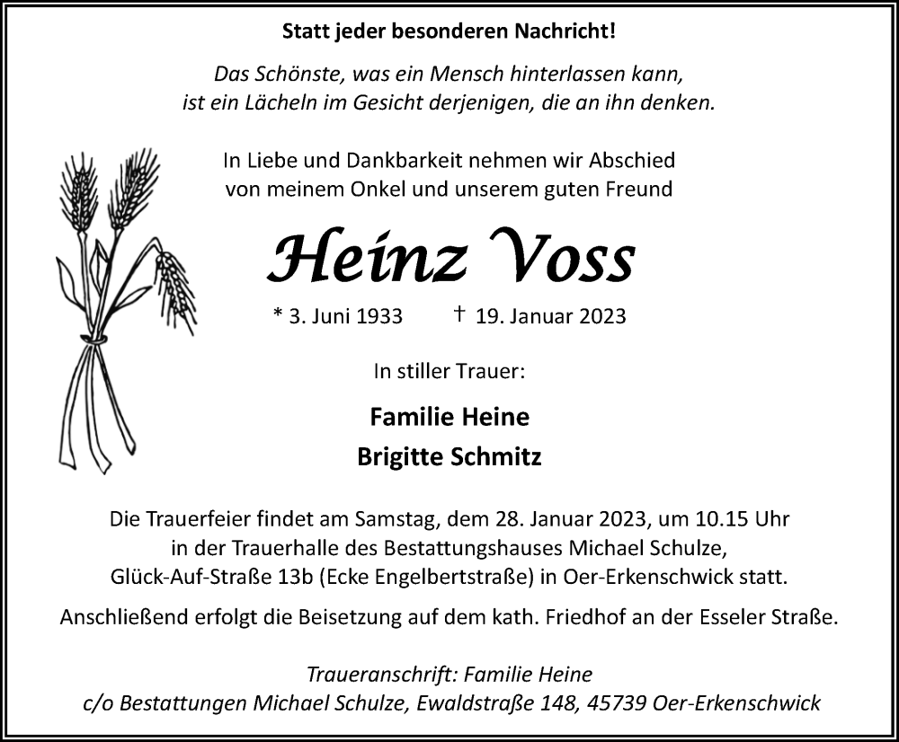  Traueranzeige für Heinz Voss vom 25.01.2023 aus Medienhaus Bauer