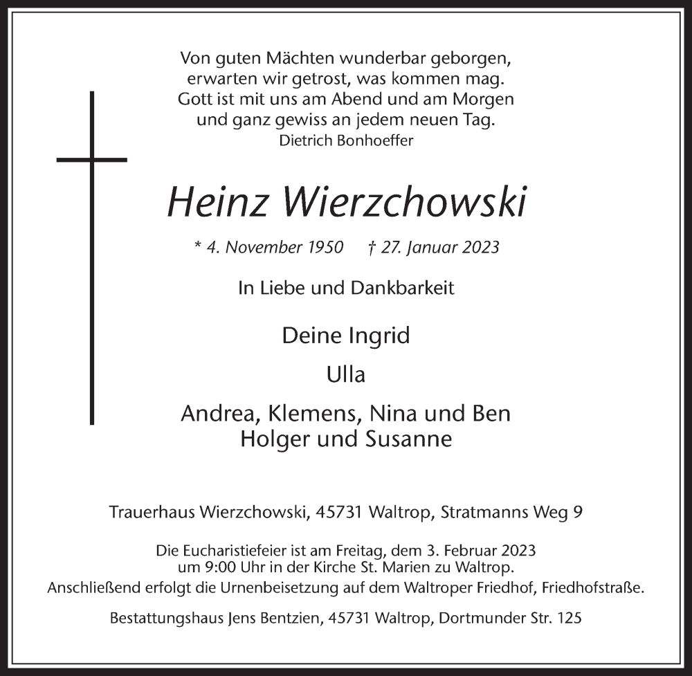  Traueranzeige für Heinz Wierzchowski vom 31.01.2023 aus Medienhaus Bauer