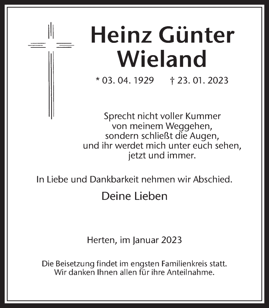  Traueranzeige für Heinz Günter Wieland vom 28.01.2023 aus Medienhaus Bauer