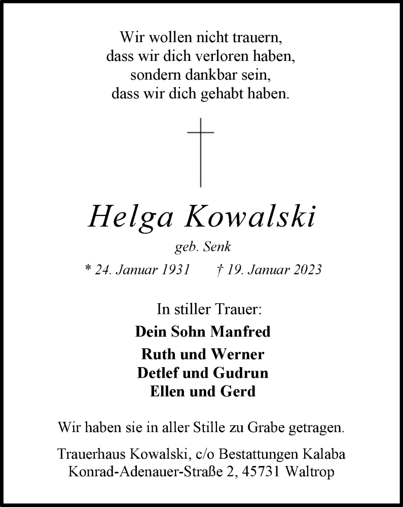 Traueranzeige für Helga Kowalski vom 25.01.2023 aus Medienhaus Bauer