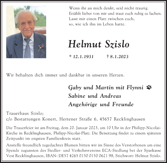 Traueranzeige von Helmut Szislo von Medienhaus Bauer