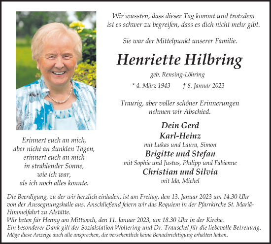 Traueranzeigen von Henriette Hilbring | sich-erinnern.de