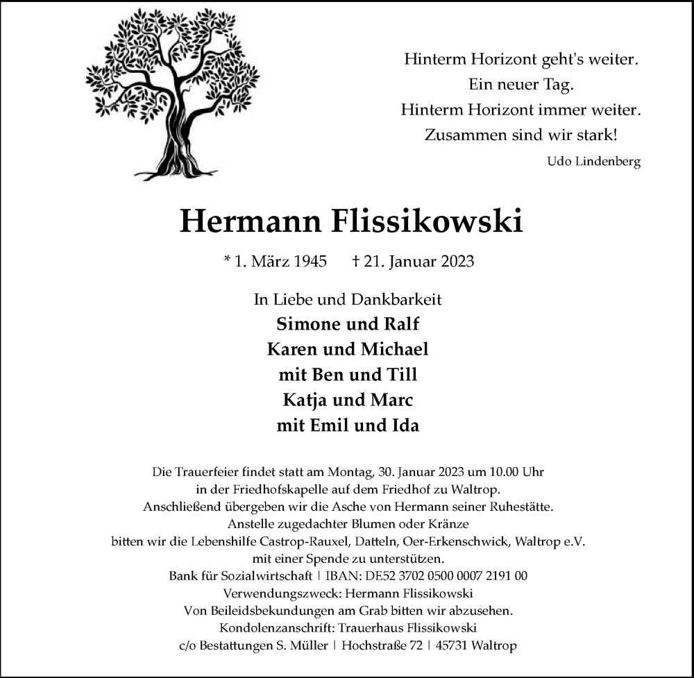  Traueranzeige für Hermann Flissikowski vom 25.01.2023 aus Medienhaus Bauer