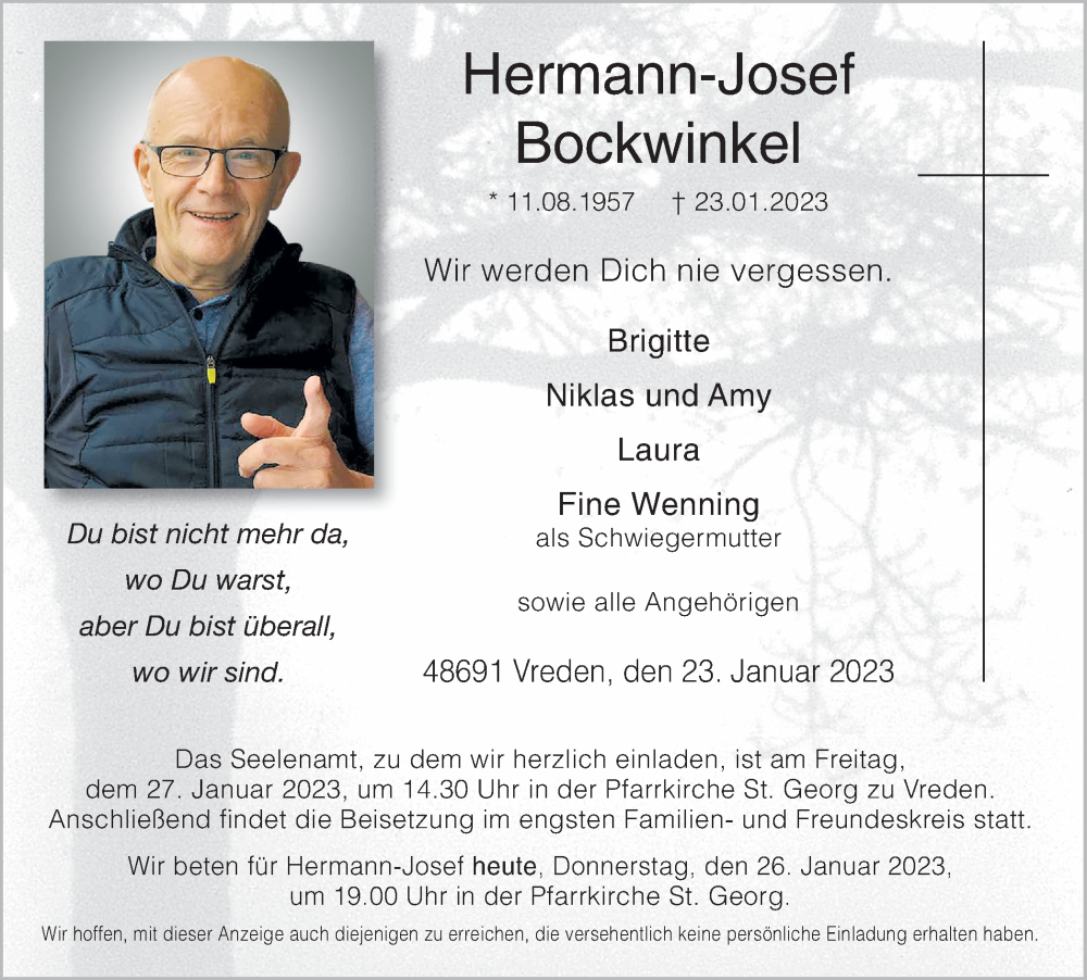  Traueranzeige für Hermann-Josef Bockwinkel vom 26.01.2023 aus Münstersche Zeitung und Münsterland Zeitung