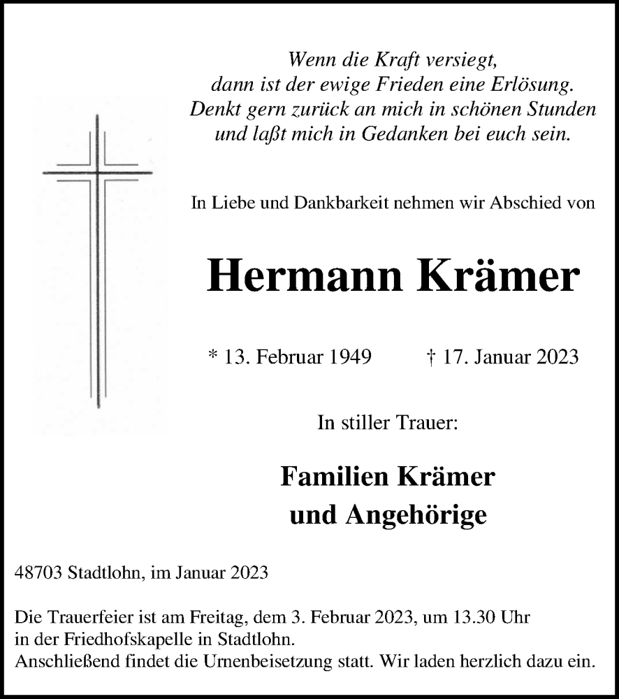  Traueranzeige für Hermann Krämer vom 31.01.2023 aus Münstersche Zeitung und Münsterland Zeitung