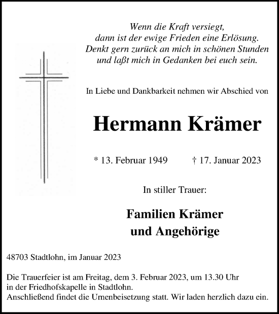Traueranzeige von Hermann Krämer von Münstersche Zeitung und Münsterland Zeitung