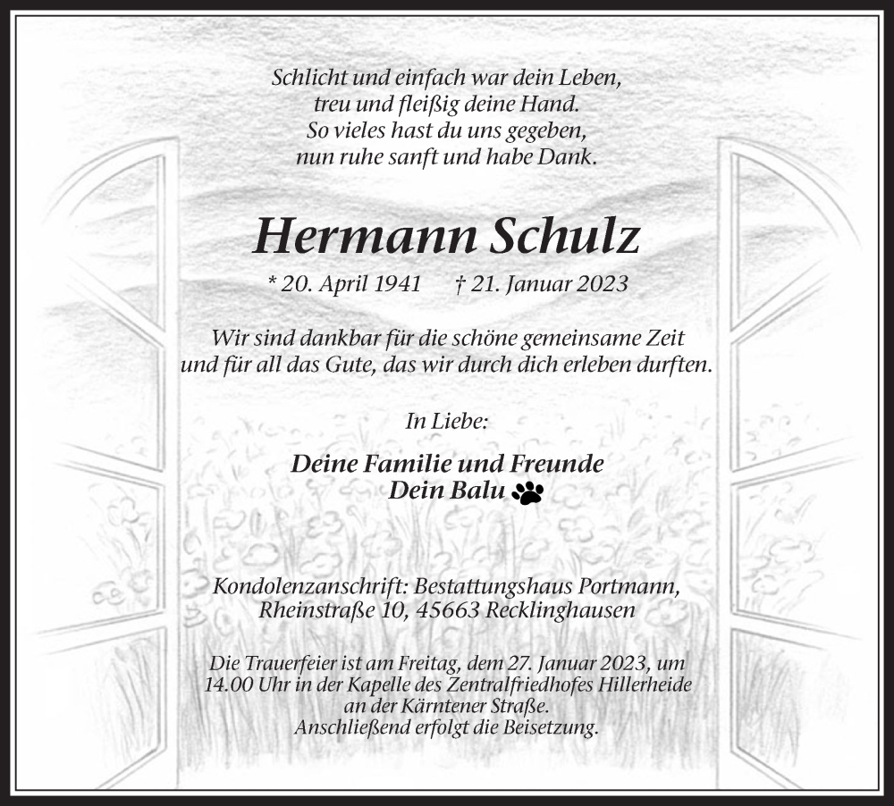  Traueranzeige für Hermann Schulz vom 25.01.2023 aus Medienhaus Bauer