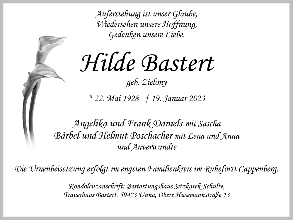  Traueranzeige für Hilde Bastert vom 28.01.2023 aus Hellweger Anzeiger