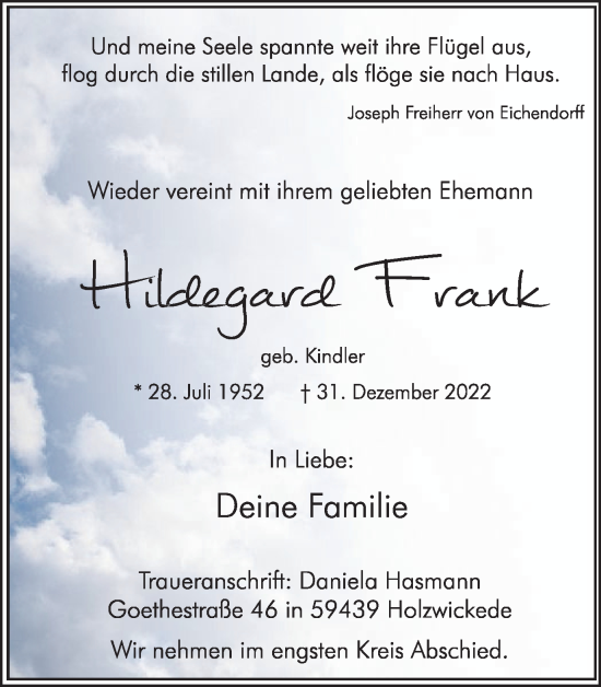 Traueranzeige von Hildegard Frank von Hellweger Anzeiger