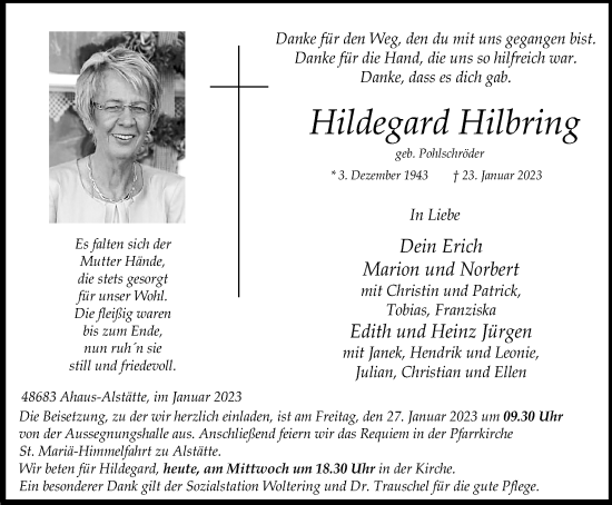 Traueranzeige von Hildegard Hilbring von Münstersche Zeitung und Münsterland Zeitung