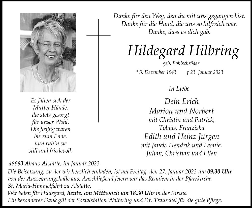 Traueranzeige für Hildegard Hilbring vom 25.01.2023 aus Münstersche Zeitung und Münsterland Zeitung