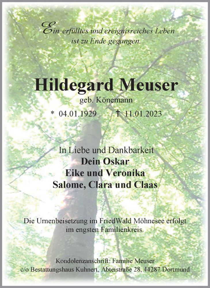  Traueranzeige für Hildegard Meuser vom 21.01.2023 aus 