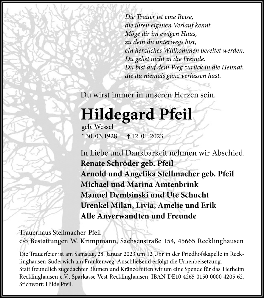  Traueranzeige für Hildegard Pfeil vom 21.01.2023 aus Medienhaus Bauer