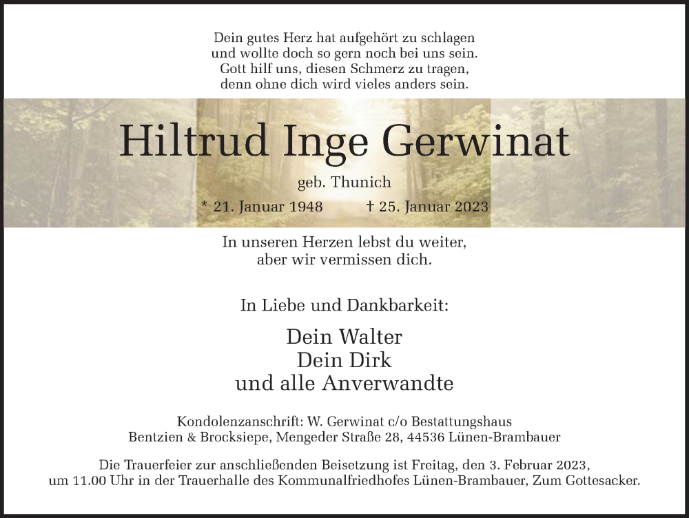  Traueranzeige für Hiltrud Inge Gerwinat vom 28.01.2023 aus Ruhr Nachrichten